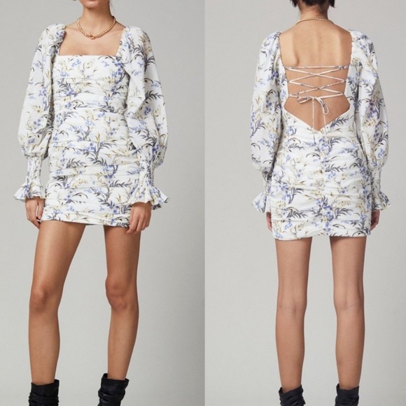 BEC + BRIDGE Lavender Bay Floral Ruched Lace Up Mini Dress US 6 - Picture 2 of 15